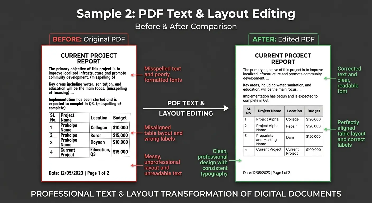A visual before-and-after comparison showing PDF text correction, table alignment, font fixing, and professional layout redesign.