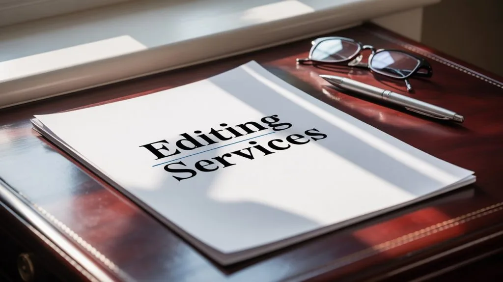 Pristine document with Editing Services printed on top, placed on a wooden desk with a pen and reading glasses