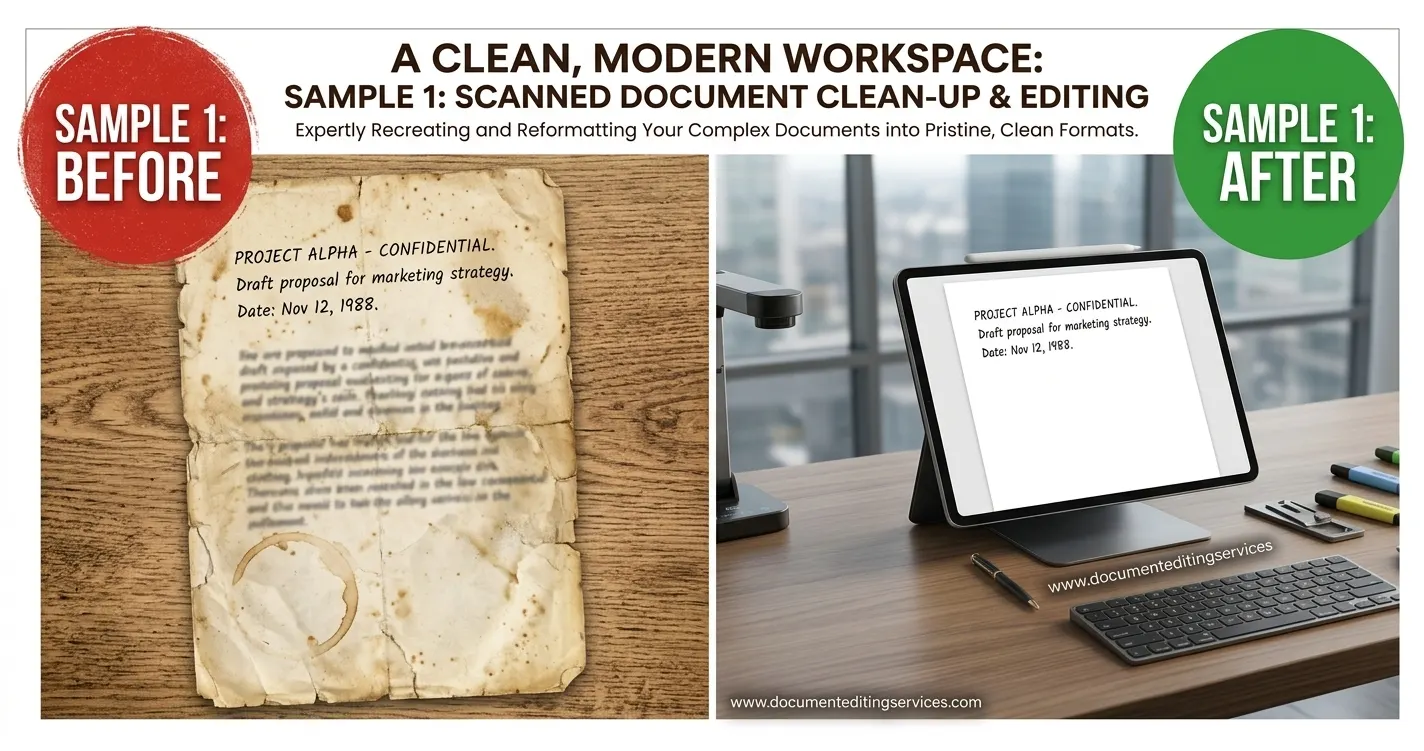Scanned document clean-up and editing before and after sample