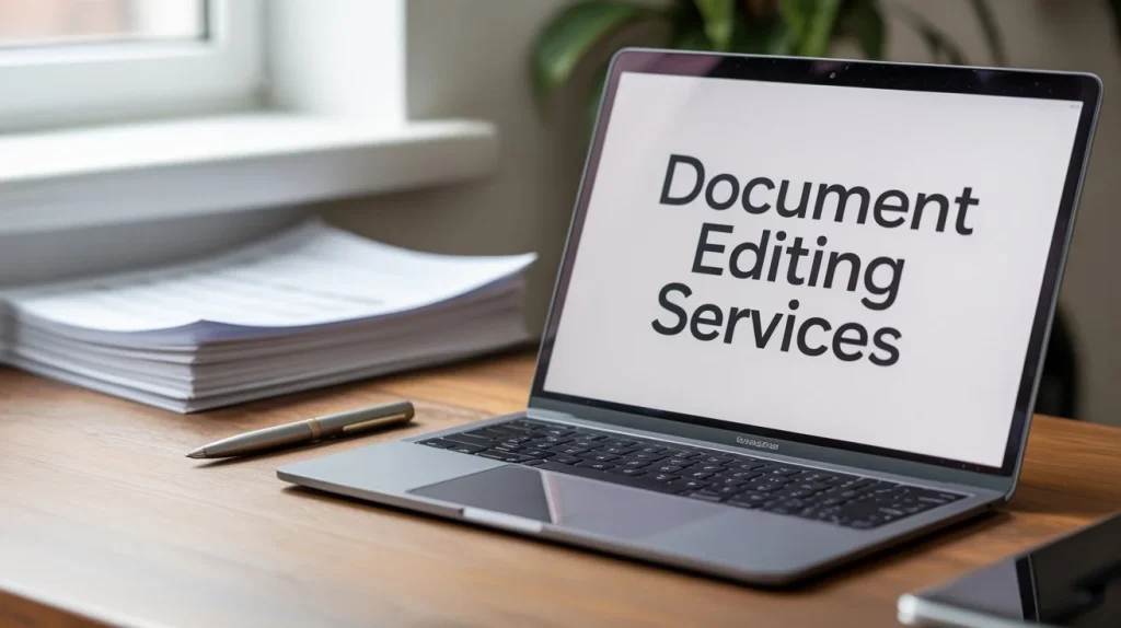 Laptop on a wooden desk displaying Document Editing Services on screen with printed documents and pen nearby