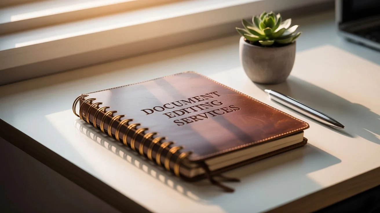 Leather bound notebook with Document Editing Services text on a desk near a pen and plant